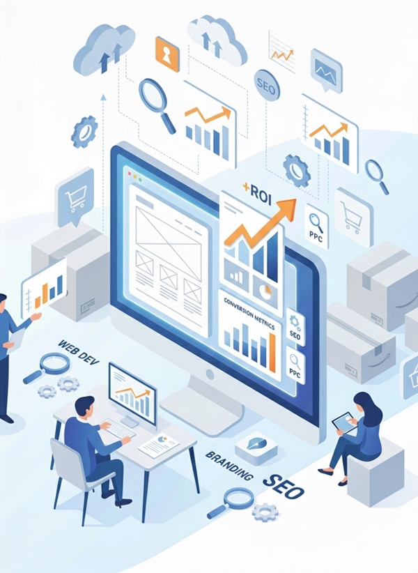 Digital illustration representing JSRDigi, a full-service digital marketing and web development agency, showing a 
                         modern analytics dashboard with website UI design, SEO performance charts, PPC marketing metrics, Amazon marketplace 
                         management elements, and graphic design workflows, symbolizing business growth, increased ROI, data-driven strategy, 
                         and professional online marketing solutions.