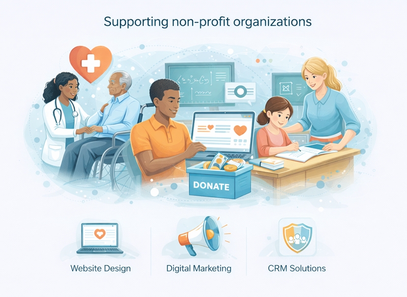 Illustration showing digital support for non-profit organizations in healthcare, education, and community development